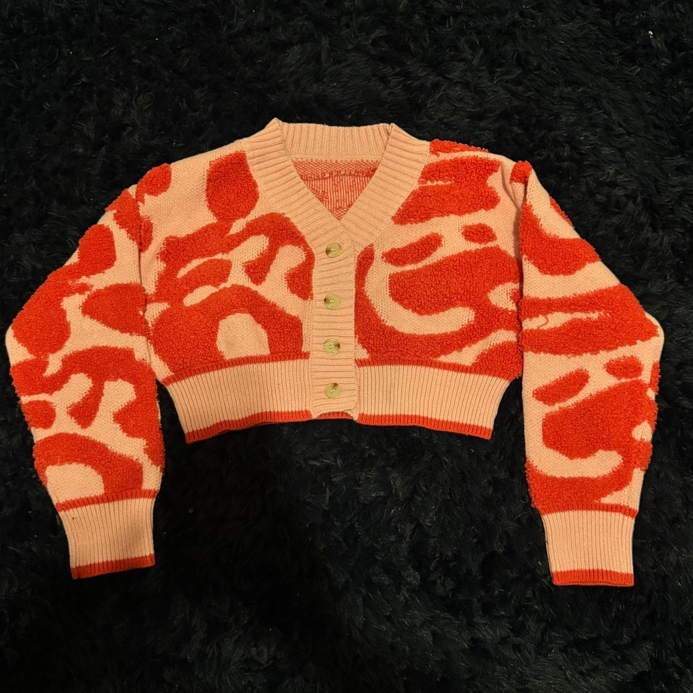 Size XL - Rainbow Pink Orange Abstract Swirl Cropped  Cardigan Sweater